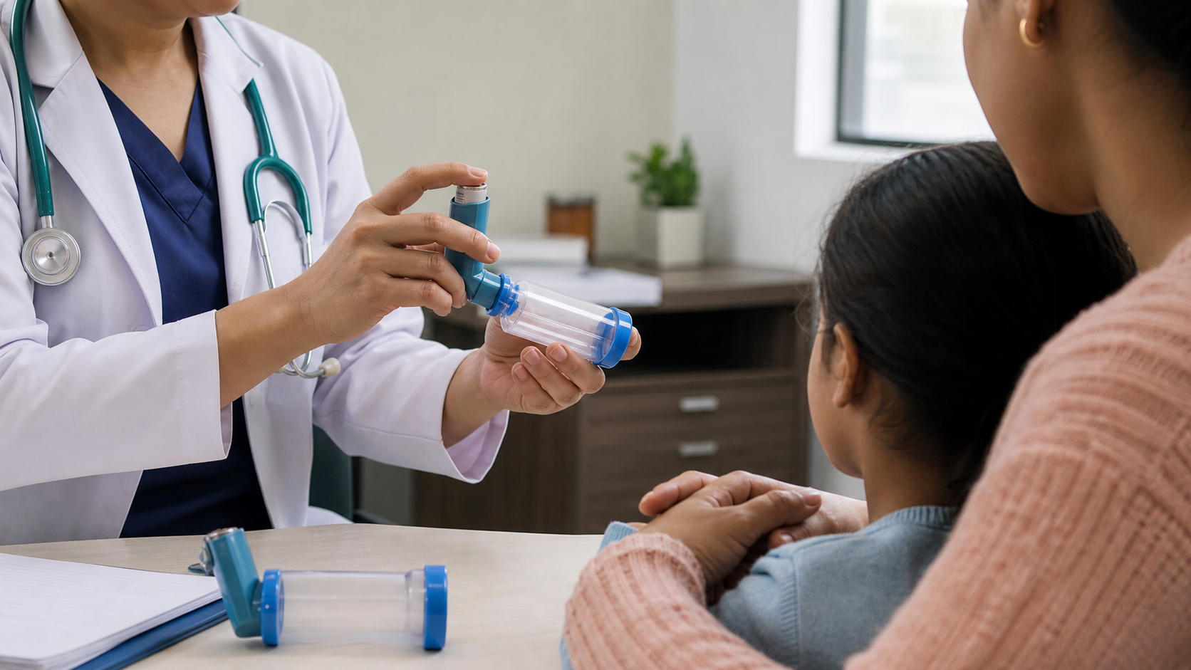 Documentary-style image of a clinician demonstrating an inhaler and spacer to a child and caregiver.