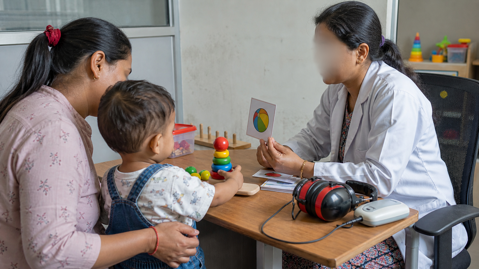 Clinical editorial image of a toddler developmental and hearing assessment with caregiver and clinician.