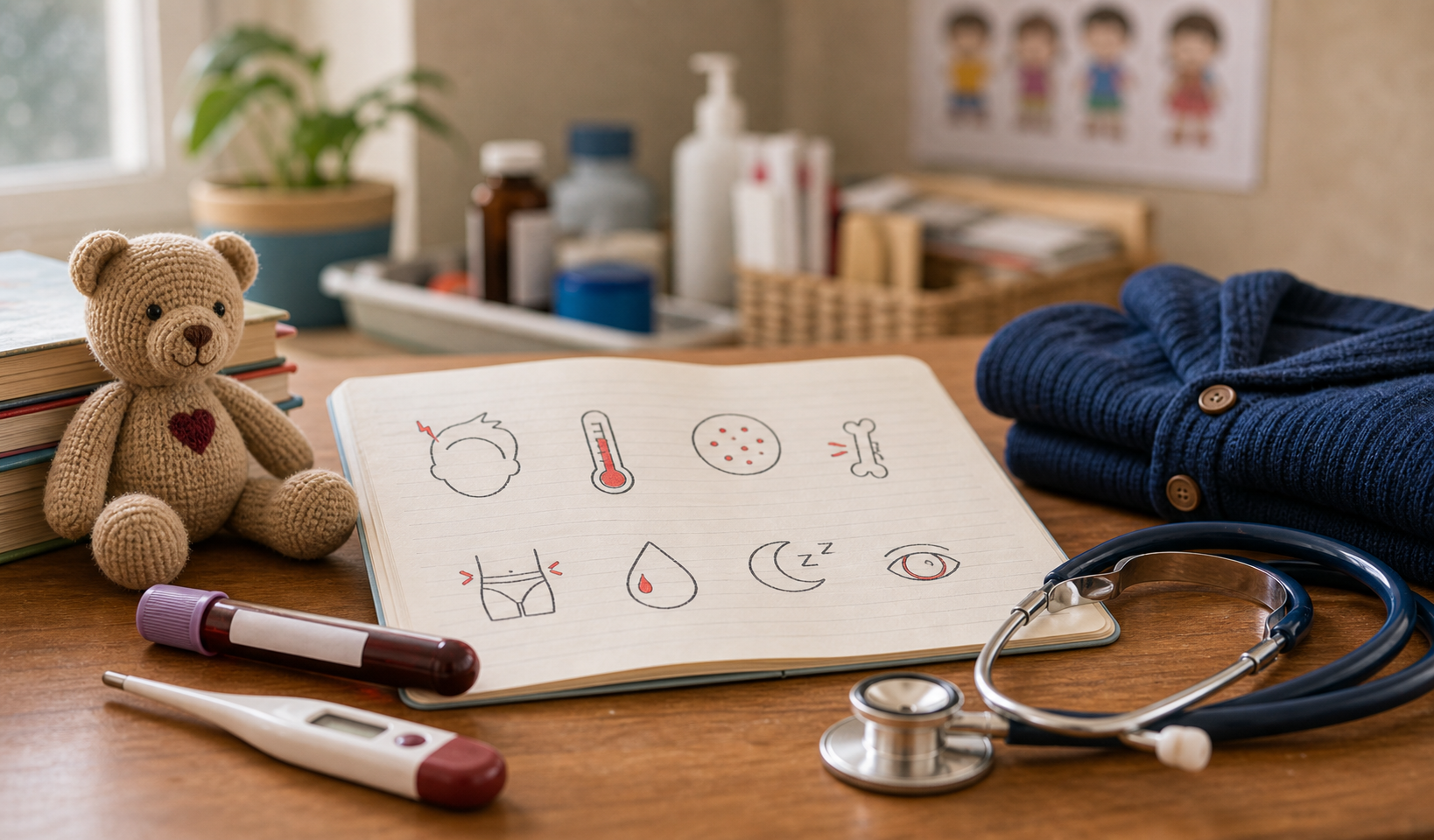 Childhood cancer warning signs thumbnail with blood test tube and child toy