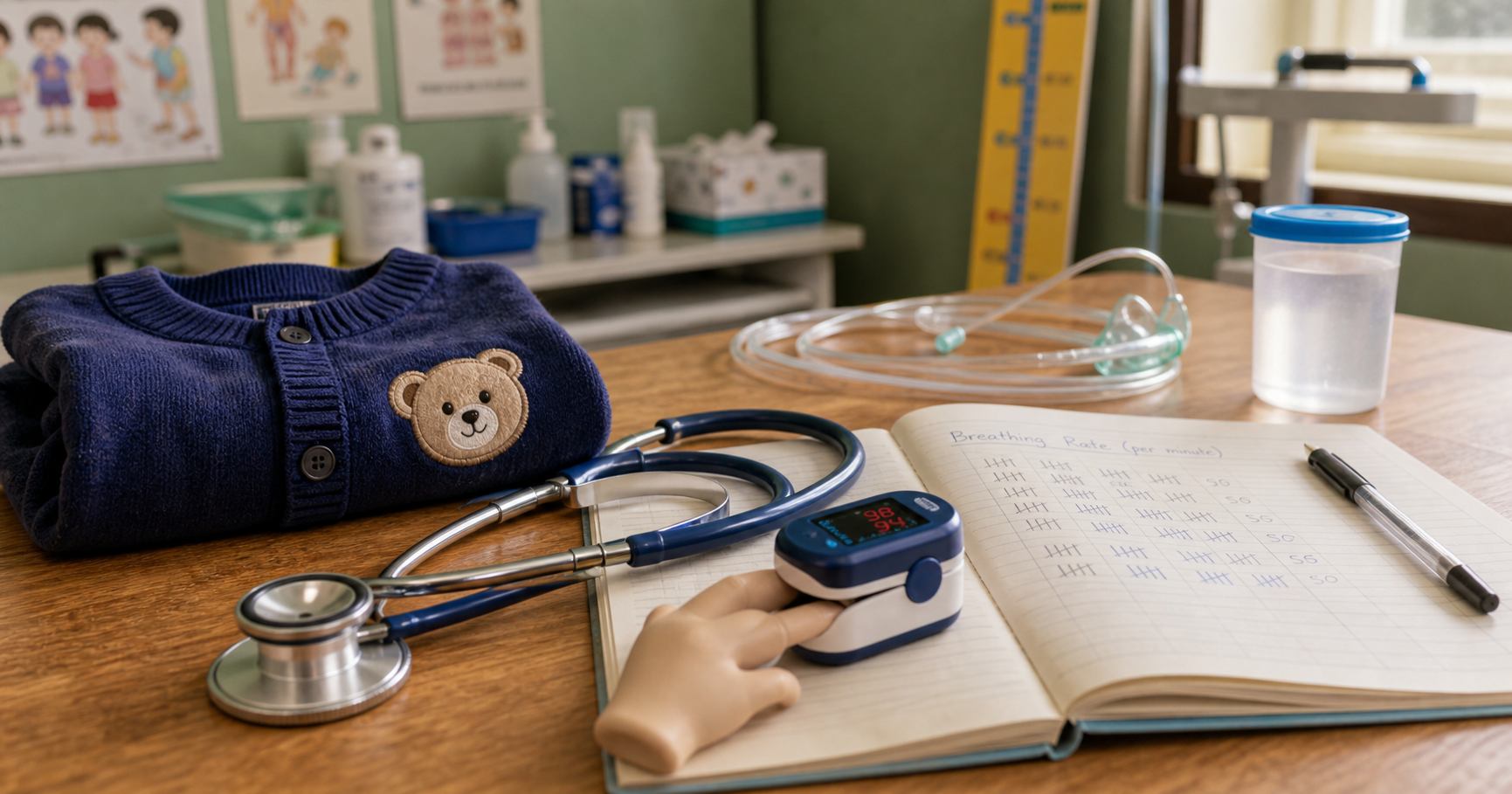 Cough and pneumonia thumbnail with pulse oximeter and stethoscope