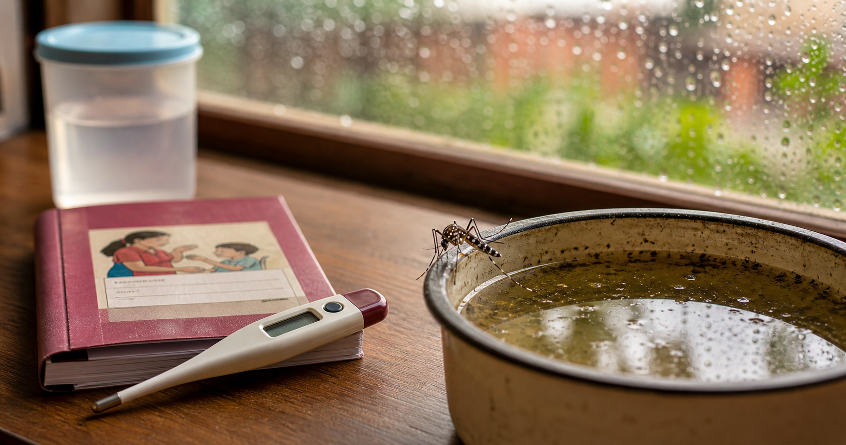 Aedes mosquito near stagnant water with thermometer and child health notebook for dengue in children in Nepal