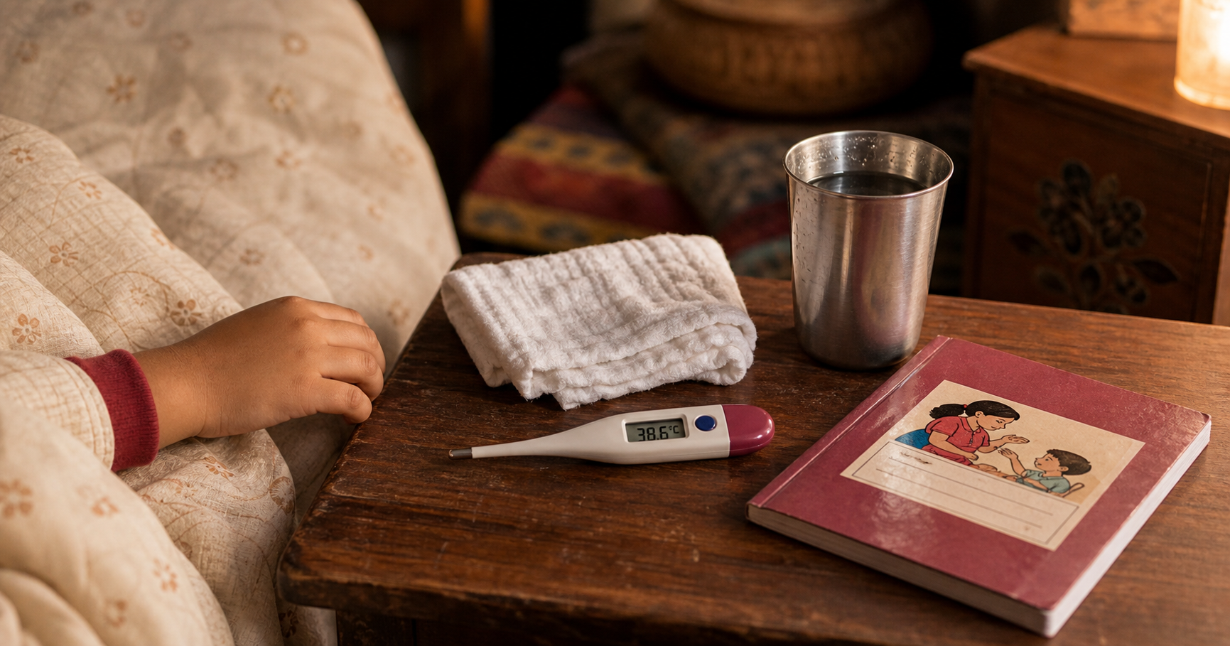 Child fever thumbnail with thermometer and Nepali home context