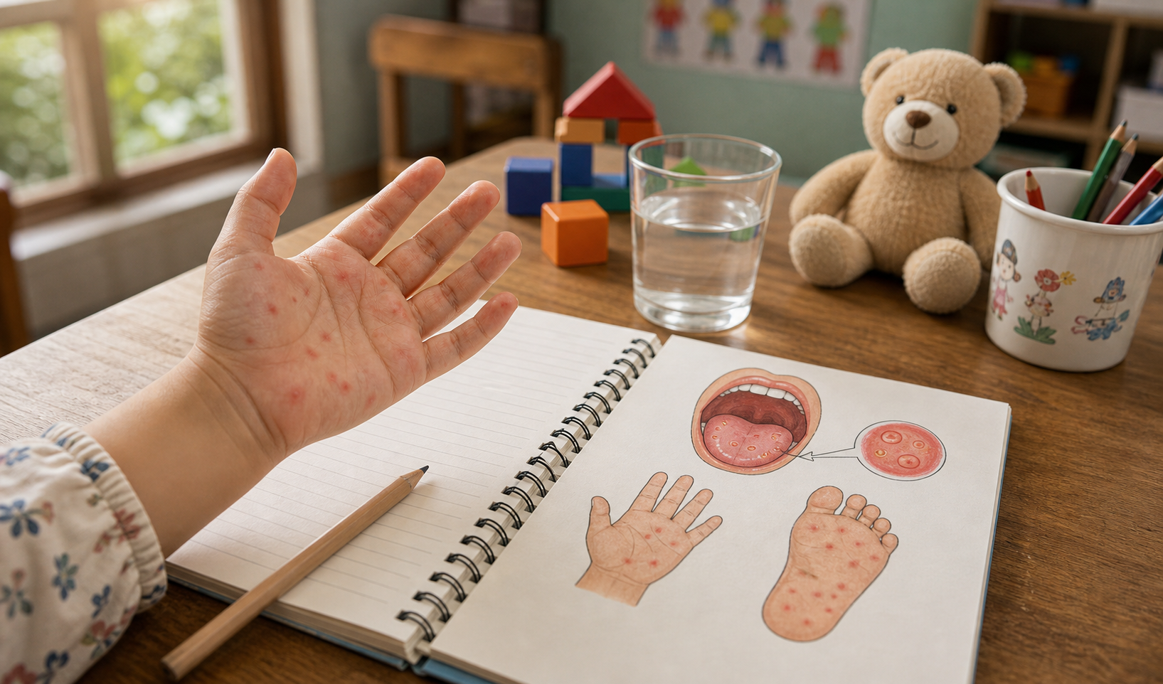 Hand foot and mouth disease thumbnail with hand rash and mouth ulcer diagram