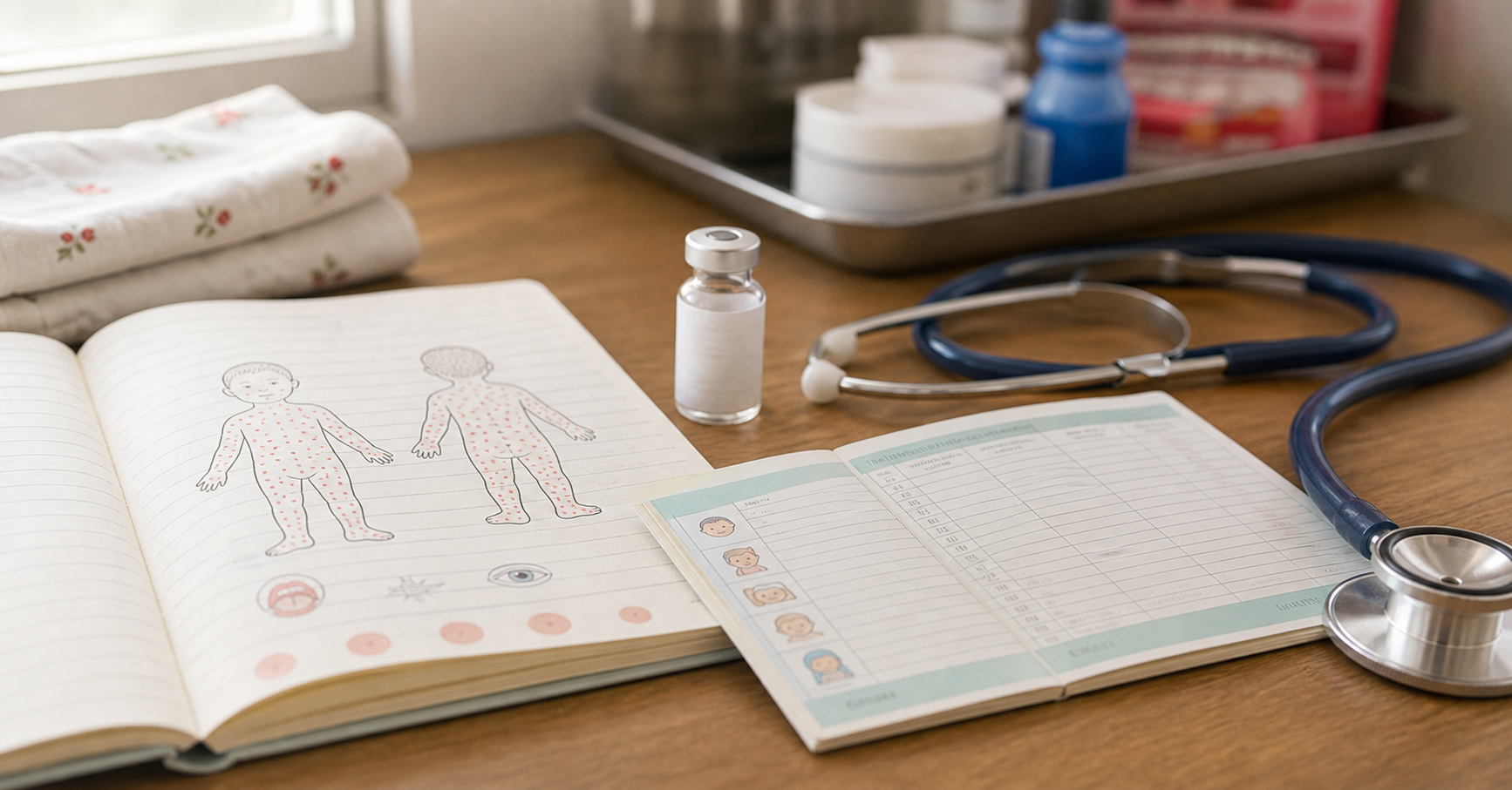 Measles thumbnail with rash diagram and vaccine card in Nepali clinic context