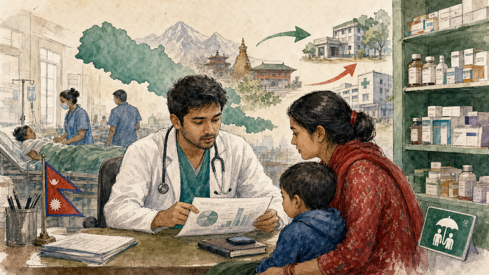 Editorial illustration of a Nepali doctor discussing health budget priorities with a parent and child in a public hospital