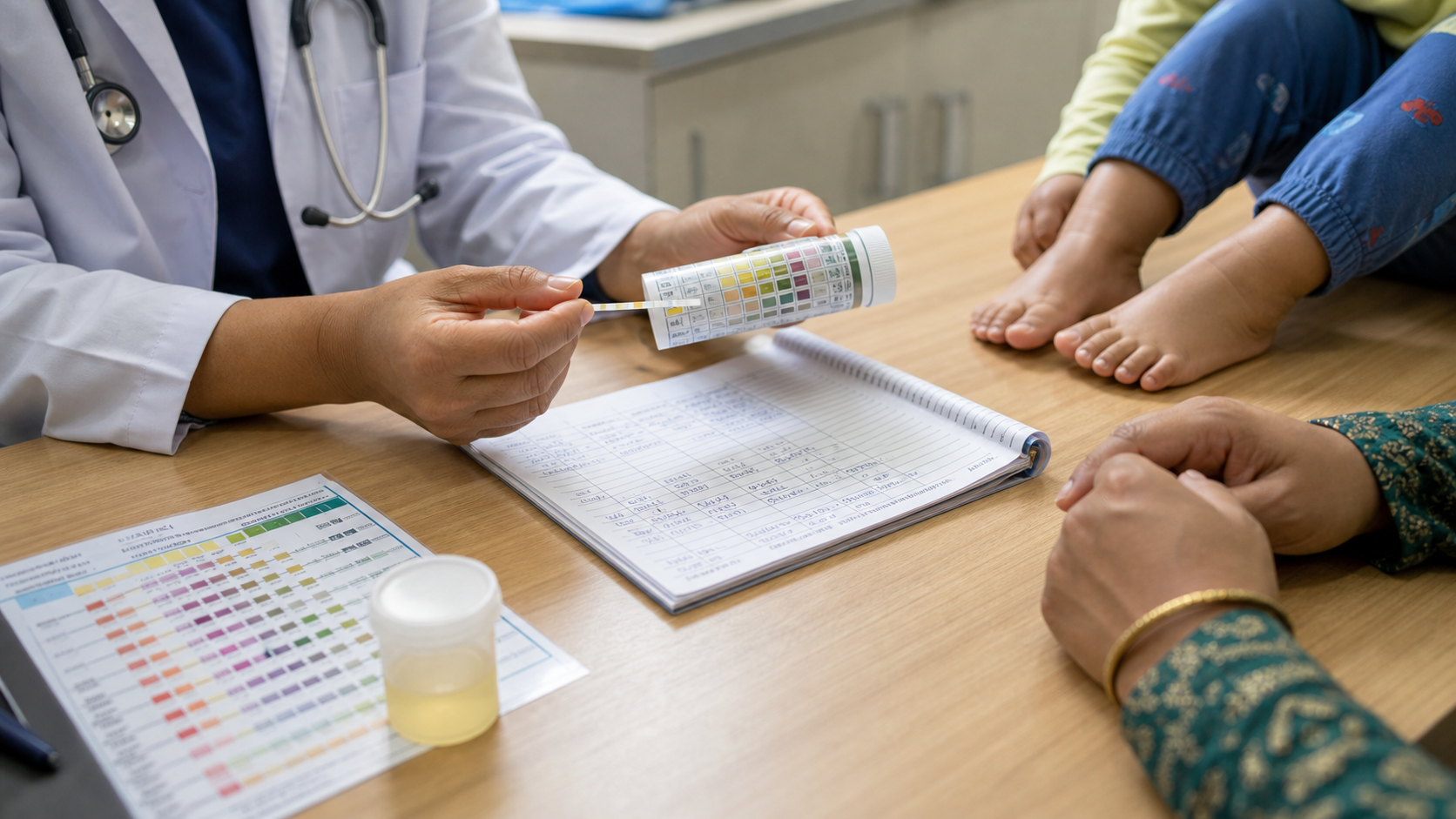 Clinical editorial image showing urine dipstick review and swelling follow-up for nephrotic syndrome in a child.