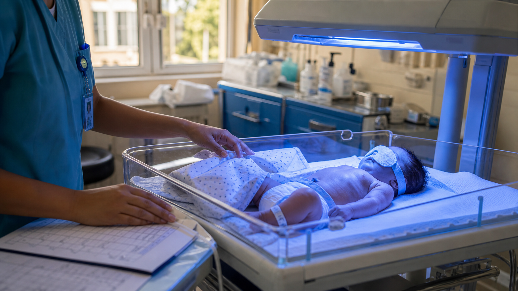 Clinical editorial image of a newborn receiving phototherapy for jaundice with clinician monitoring nearby.