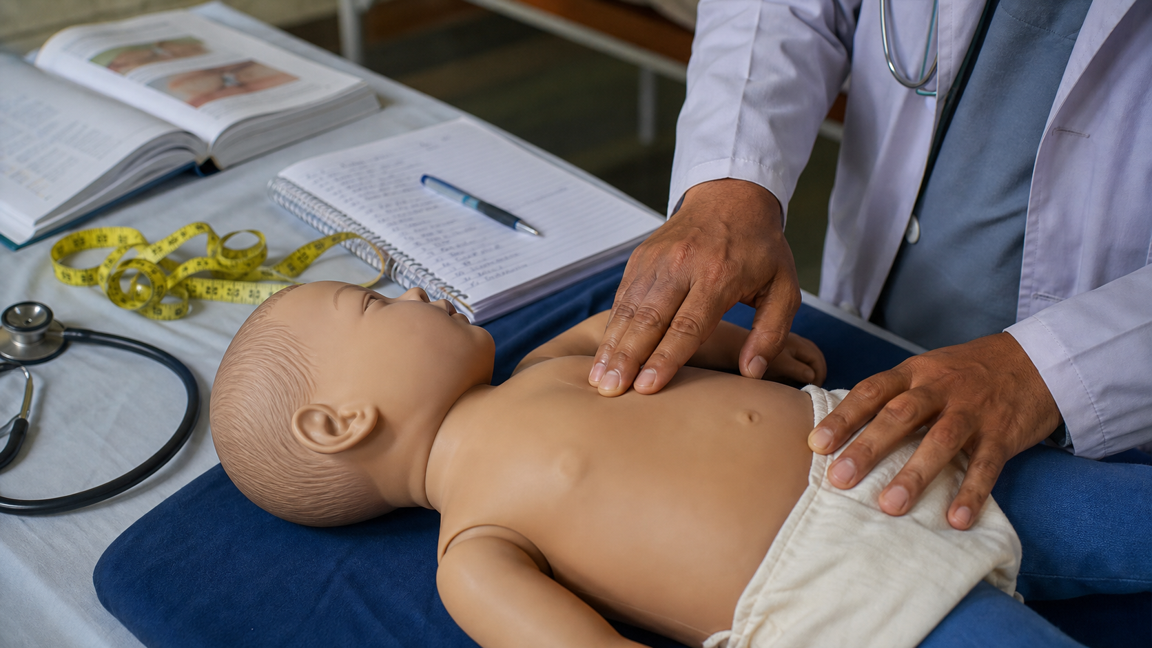 Medical education image showing abdominal examination training for organomegaly using a pediatric simulation mannequin.