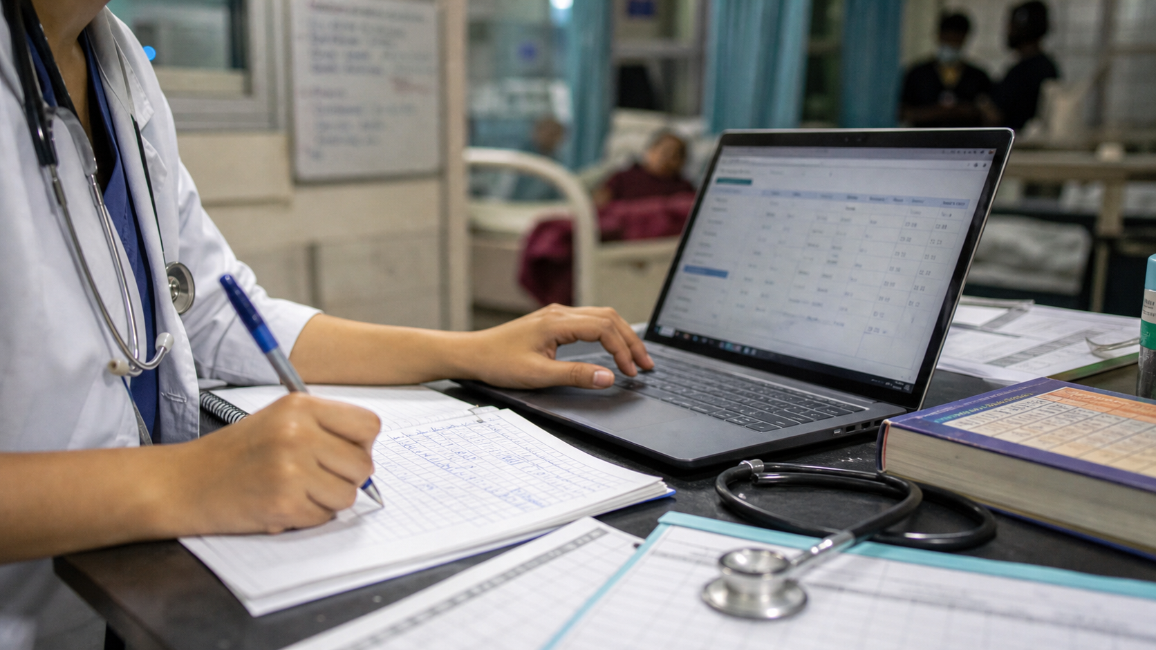 Documentary-style image of a pediatric resident using a laptop clinical tool during ward work.