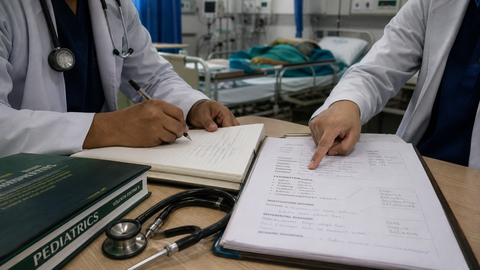 Documentary-style image of pediatric residents preparing a long case with notes, textbook and stethoscope.