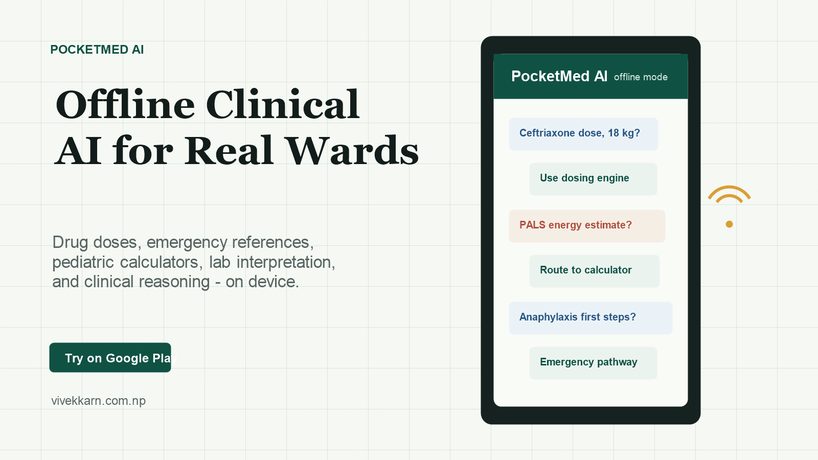 PocketMed AI hero image showing an offline clinical assistant running on a phone with pediatric dose and emergency pathway examples