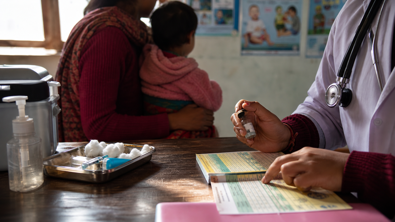 Documentary-style editorial image showing child vaccination and public health care in a Nepali clinic.