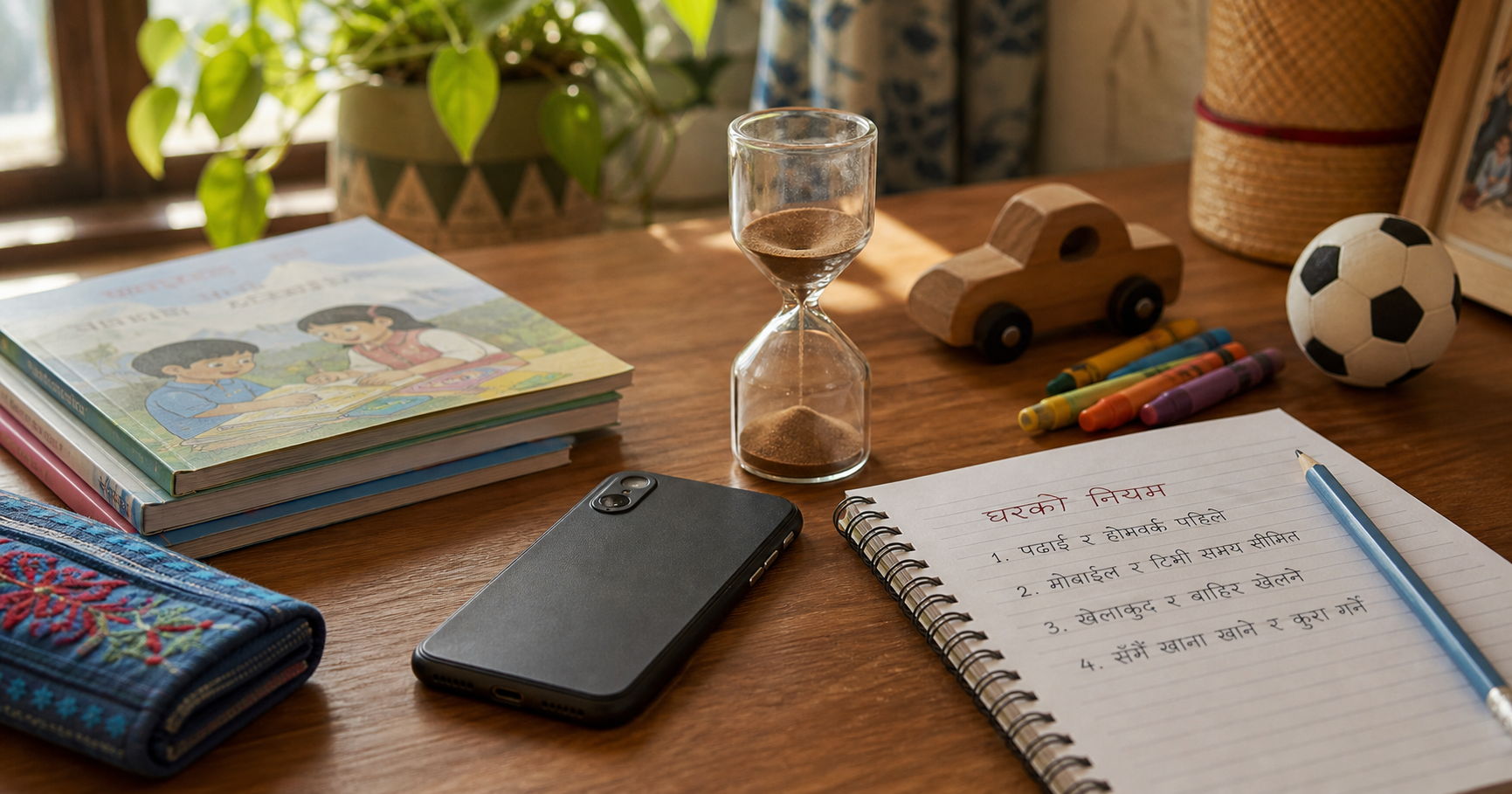 Screen time thumbnail with phone face down beside books and toys