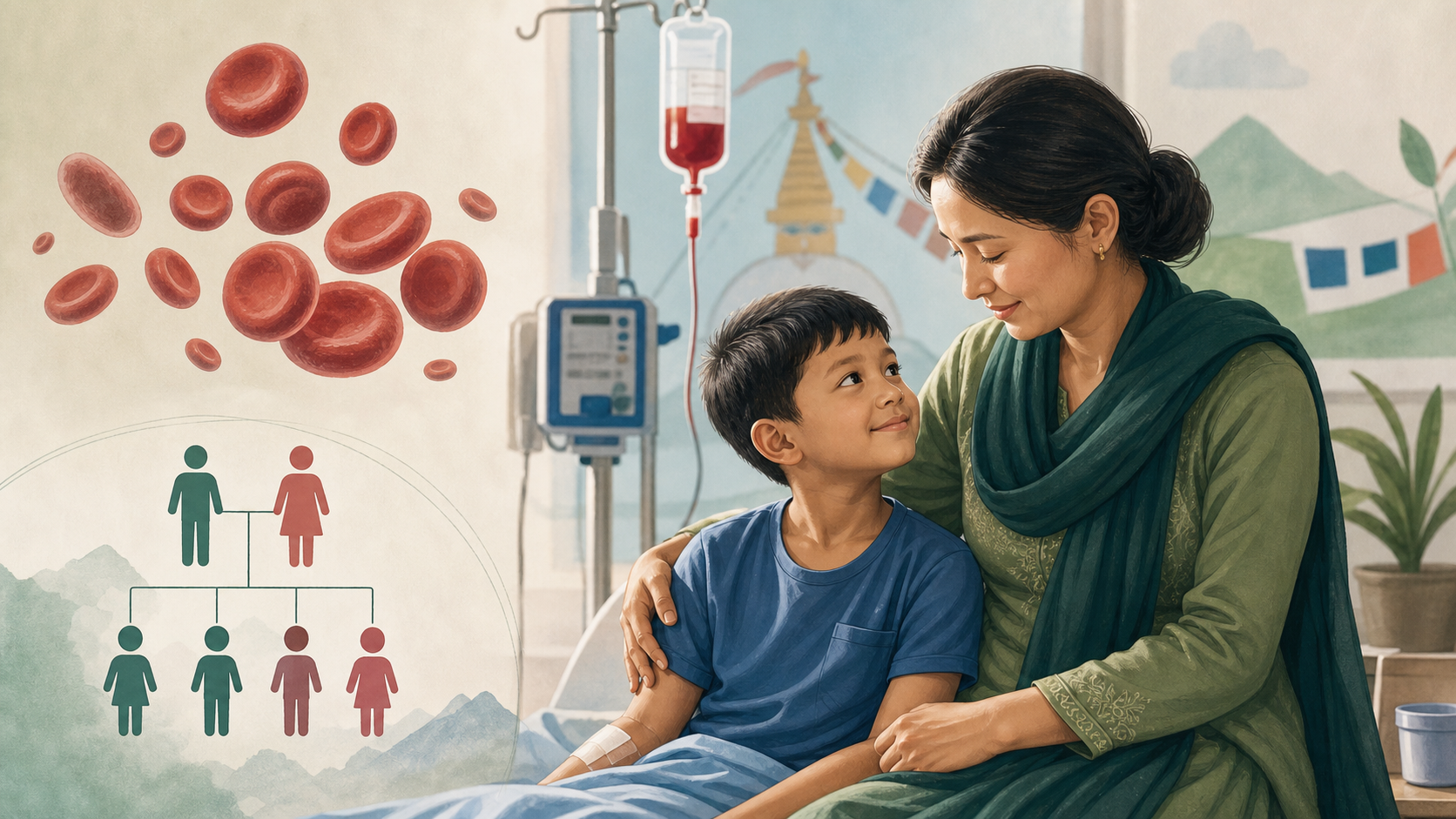 Generated editorial illustration for a thalassemia in children article showing pediatric care, inheritance and transfusion follow-up.