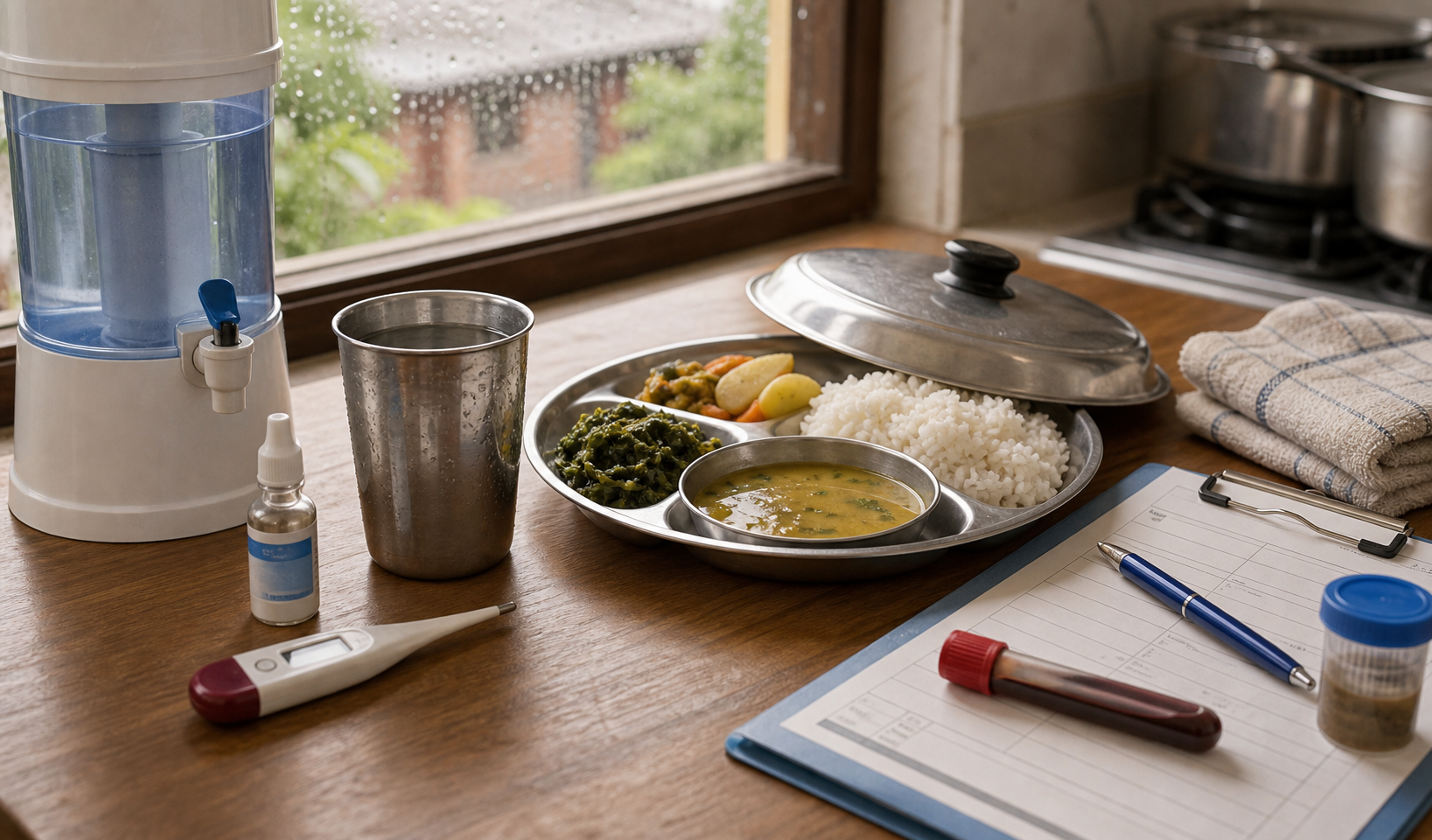 Typhoid fever thumbnail with safe water food and test tube
