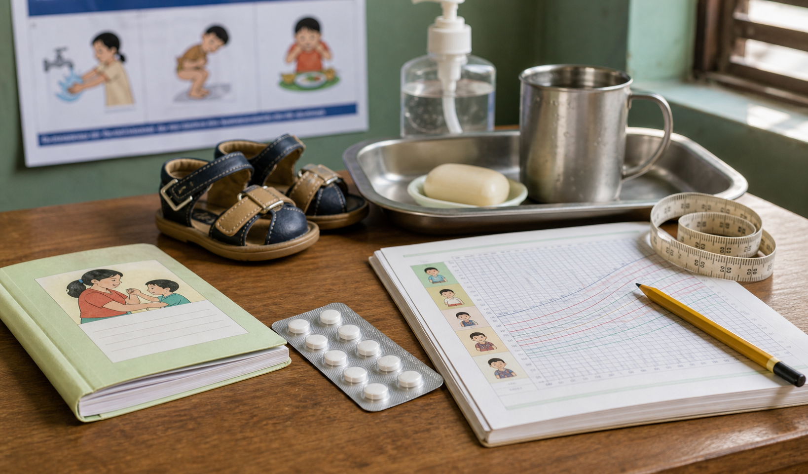 Worm infection thumbnail with deworming tablet and growth chart